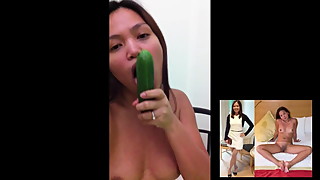 Filipina wife Apple sucking a cucumber while moaning papa