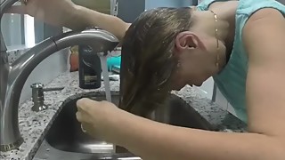Housewife Washes Her Hair In The Kitchen Sink - 3